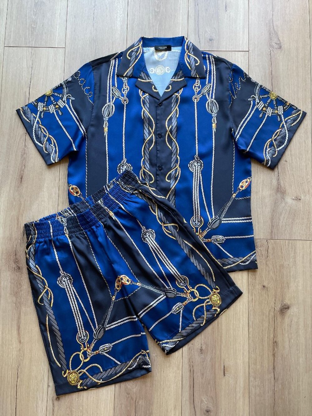 Versace Men's 2 Piece Blue Baroque Rope Print Shirt & Shorts Matching Set XXL